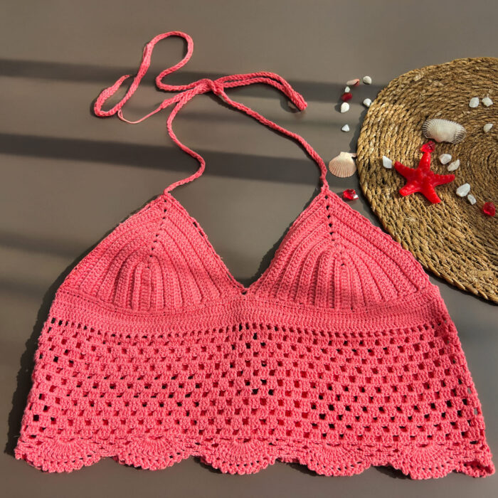 El Örgüsü Halter Yaka Nar Çiçeği Rengi Bikini Üstü - Bohem Tarz, Yaz Enerjisi